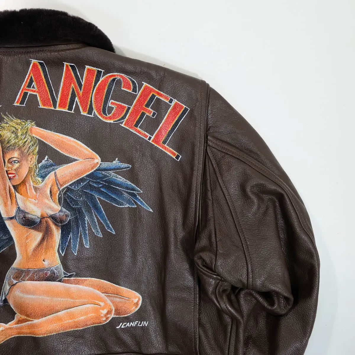 Vintage Brown Genuine Leather G-1 Flight Jacket With Custom Iron Angel Artwork, artwork detail 2