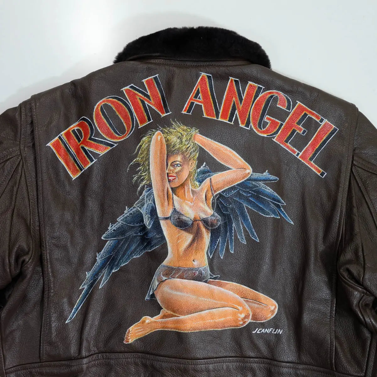 Vintage Brown Genuine Leather G-1 Flight Jacket With Custom Iron Angel Artwork, artwork detail 3