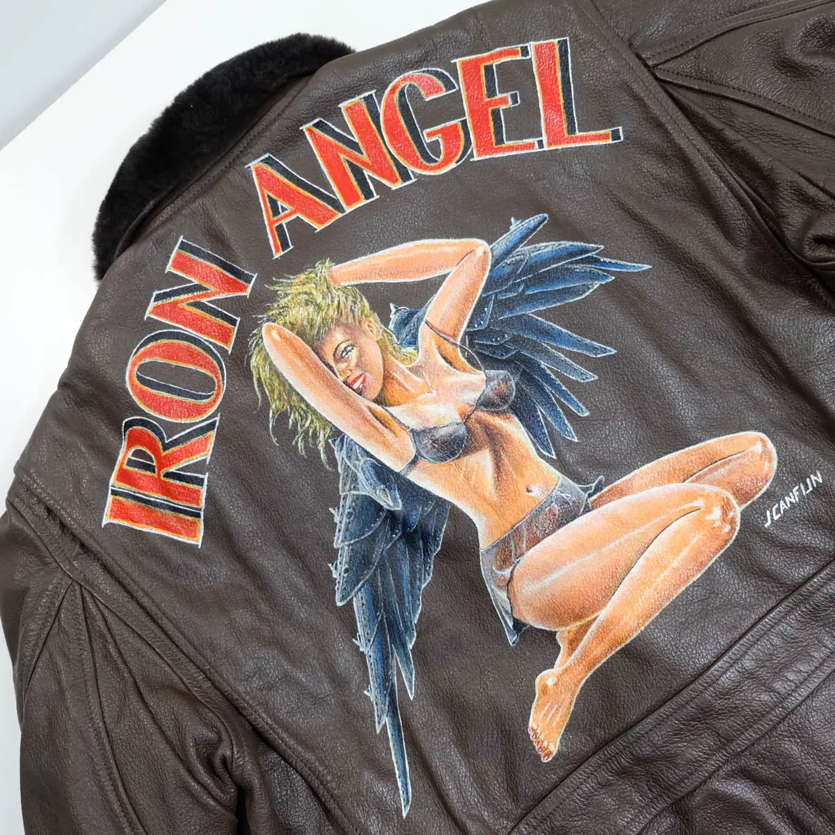 Vintage Brown Genuine Leather G-1 Flight Jacket With Custom Iron Angel Artwork, back view 4