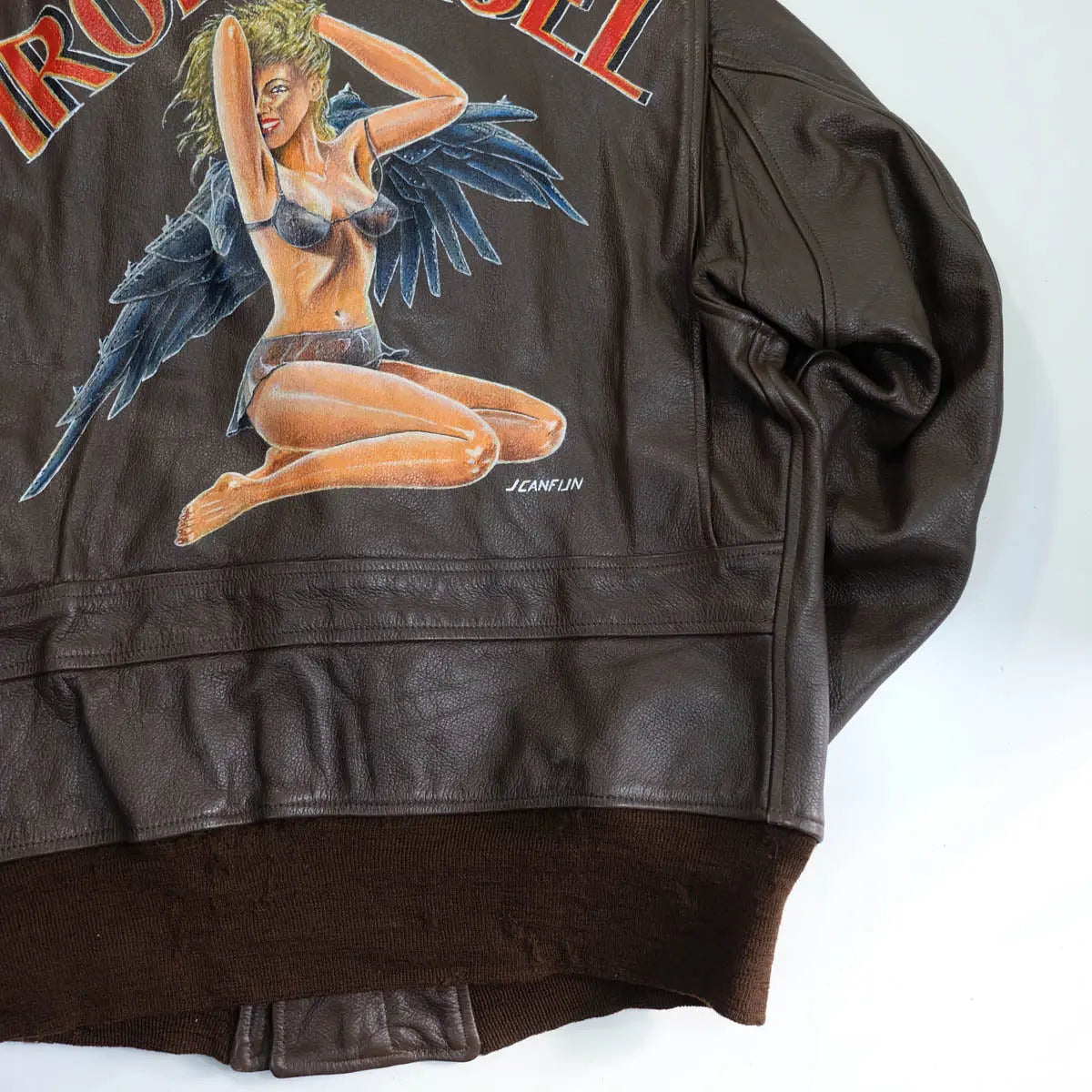 Vintage Brown Genuine Leather G-1 Flight Jacket With Custom Iron Angel Artwork, back view 2