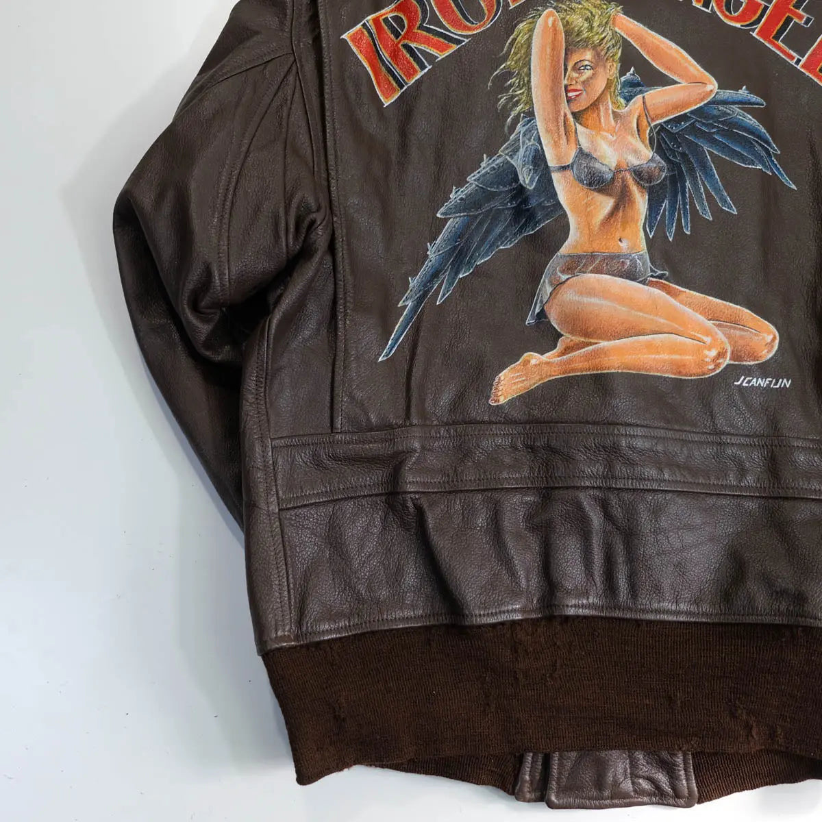 Vintage Brown Genuine Leather G-1 Flight Jacket With Custom Iron Angel Artwork, back view 5