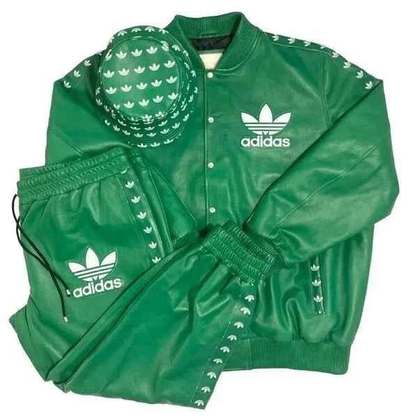 Vintage Green Leather Tracksuit Set Jacket Pants & Bucket Hat