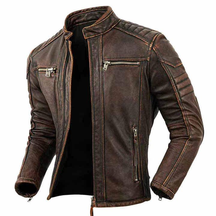 Men’s Real Leather Quilted Jacket (Shoulder Padded Motorcycle Clubwear Coat)