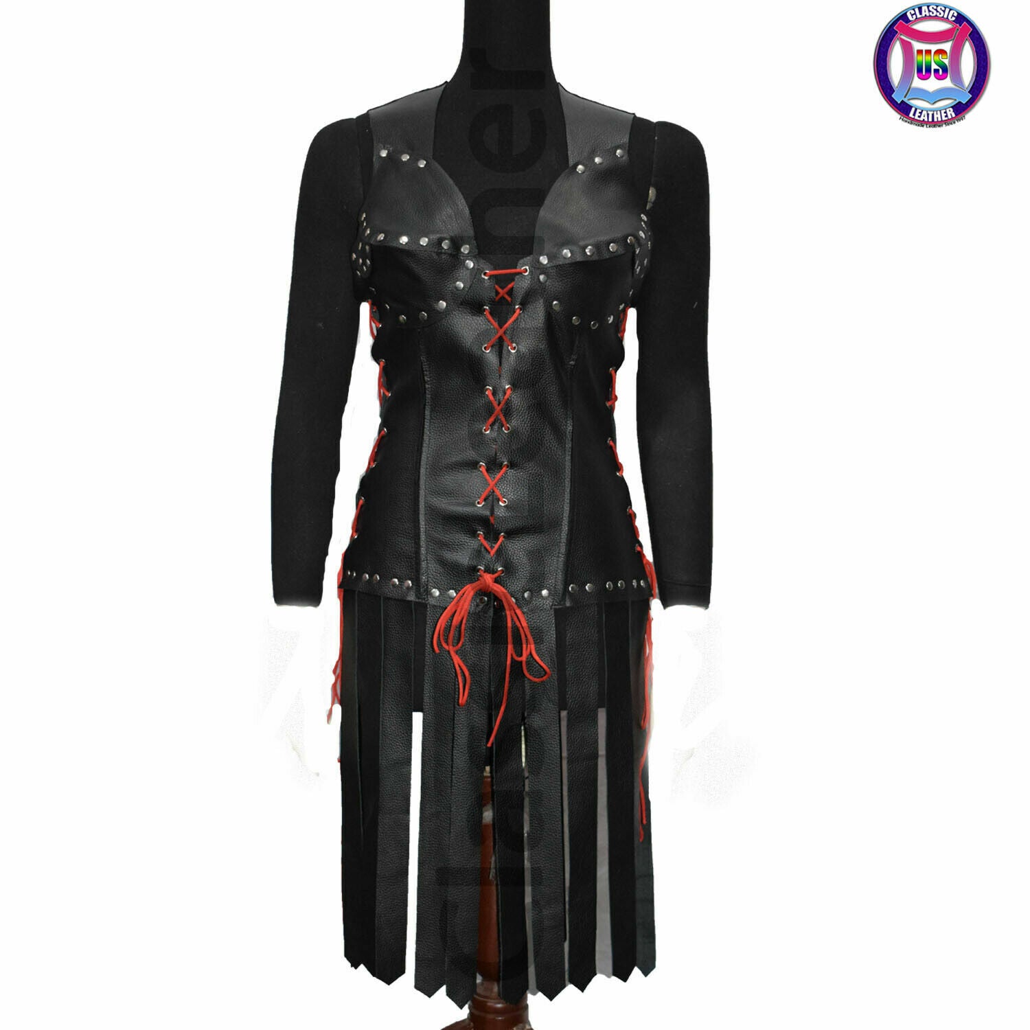 Women black gothic leather steampunk dress with red lacing