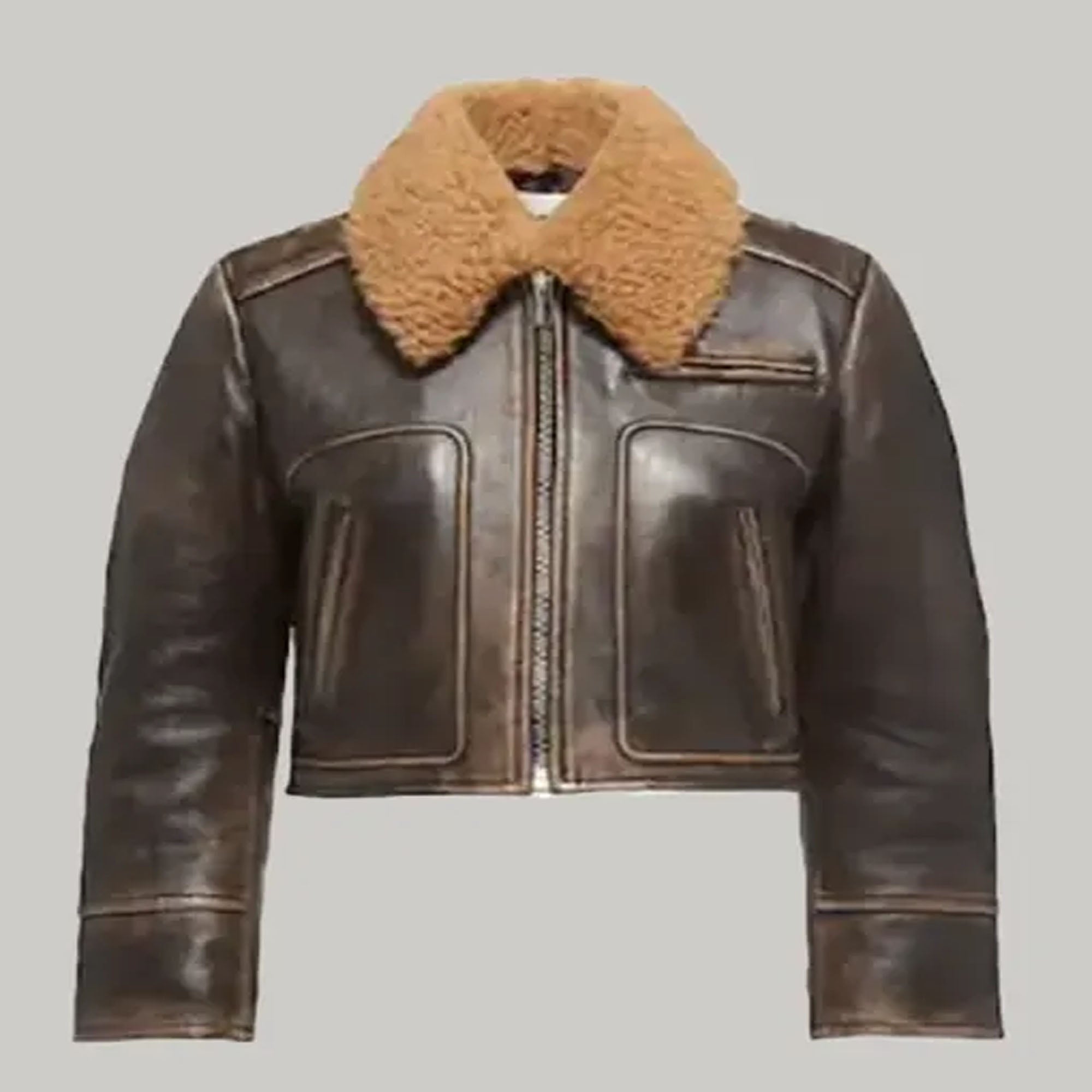 Women brown aviator leather jacket front stylish winter look