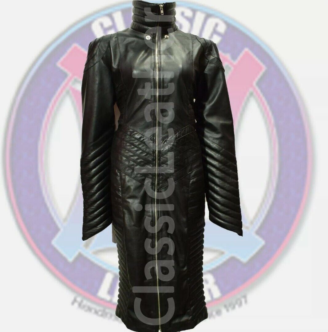 Women quilted leather hooded long coat with lace up back