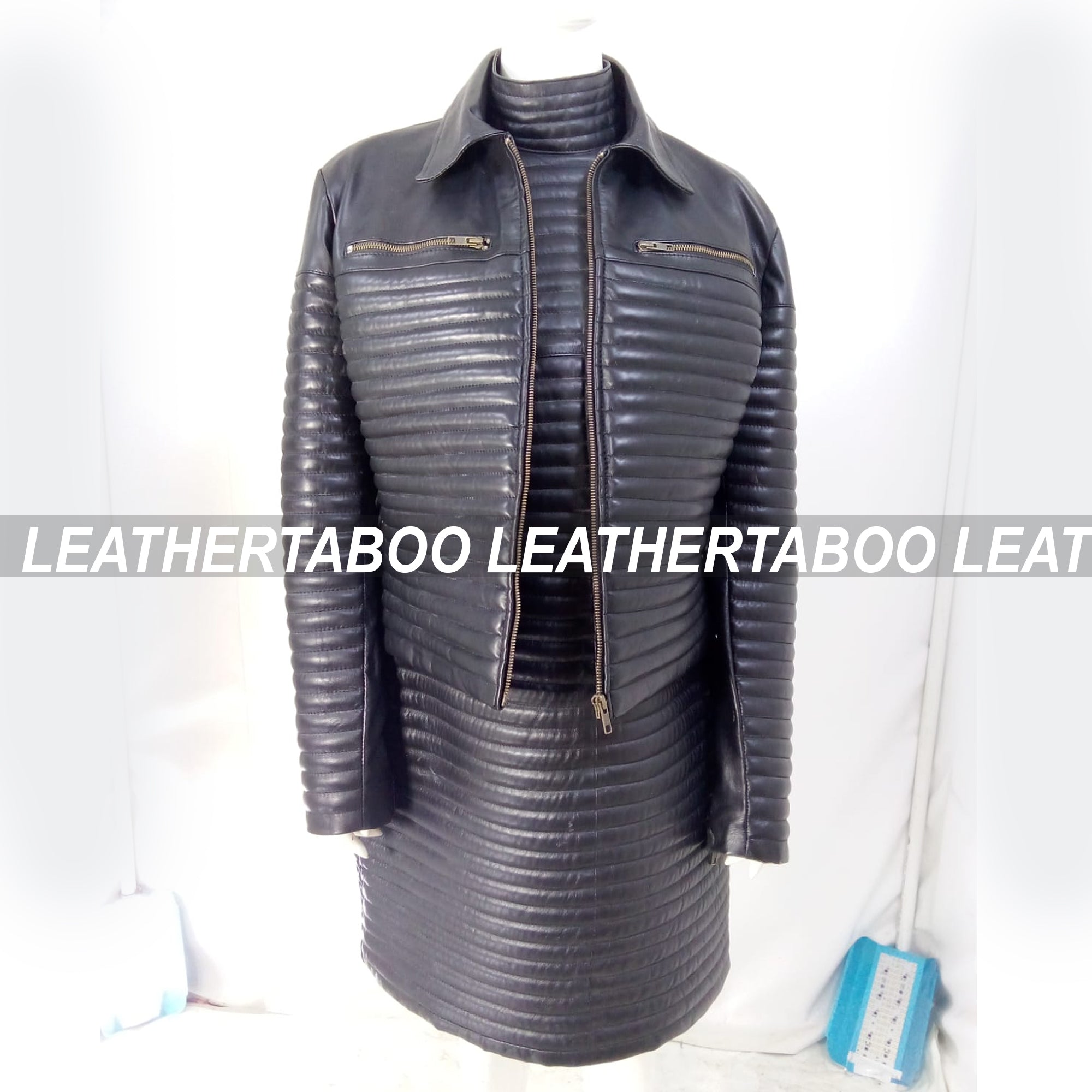 Women's Real Leather Quilted Mini Dress & Jacket Set – Bodycon Sleeveless Dress + Padded Jacket – Handmade Black Leather Outfit