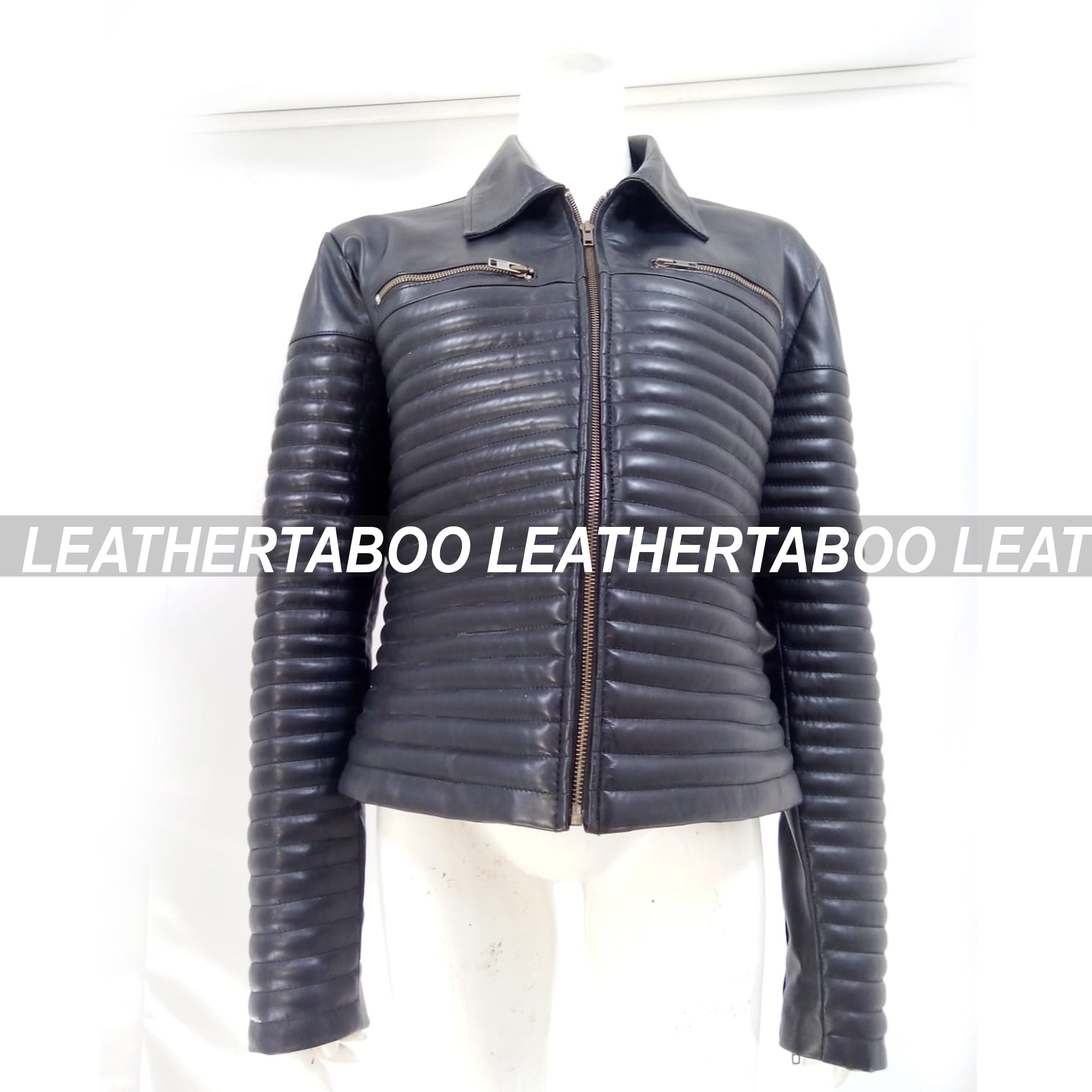 Women's Real Leather Quilted Mini Dress & Jacket Set – Bodycon Sleeveless Dress + Padded Jacket – Handmade Black Leather Outfit