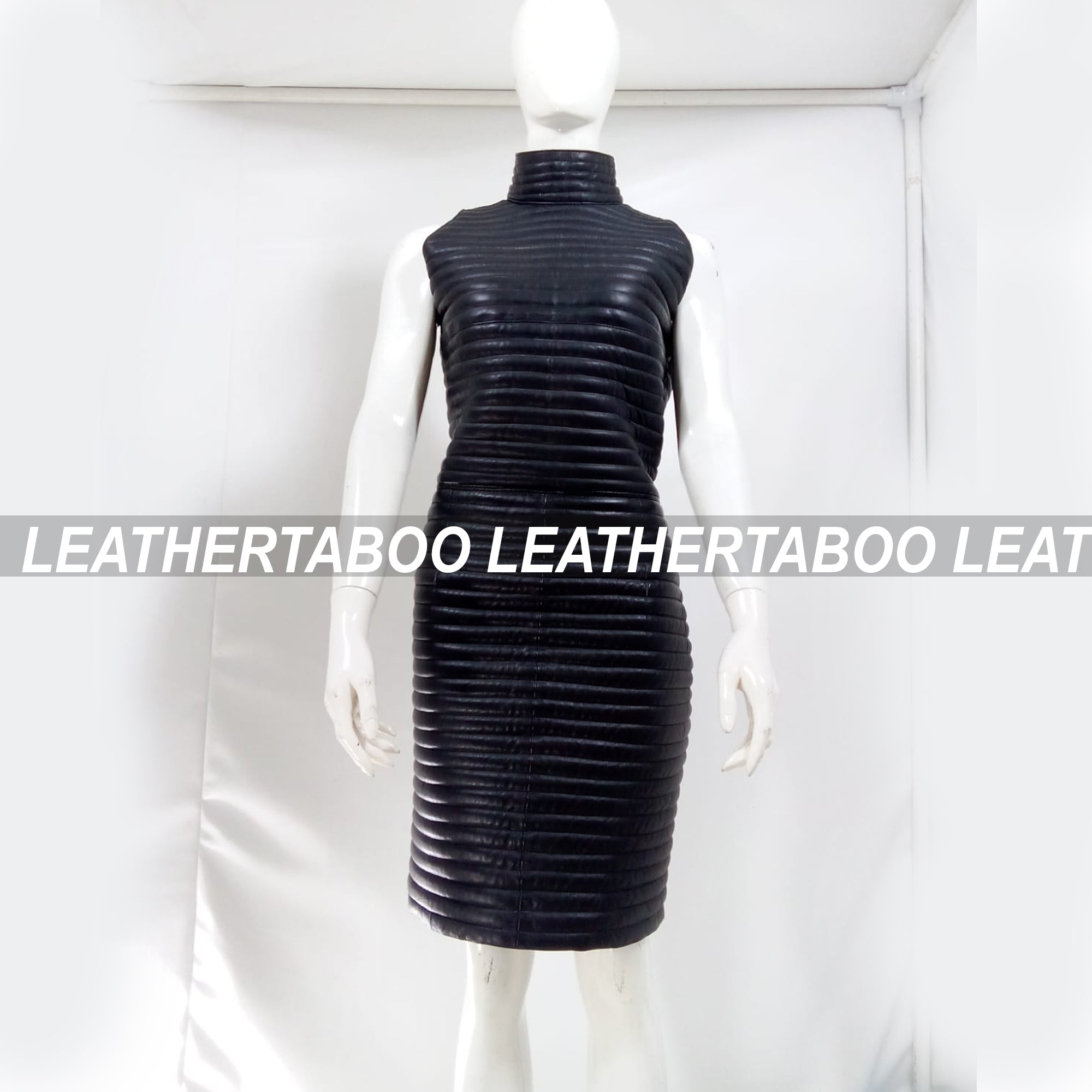 Women's Real Leather Quilted Mini Dress & Jacket Set – Bodycon Sleeveless Dress + Padded Jacket – Handmade Black Leather Outfit