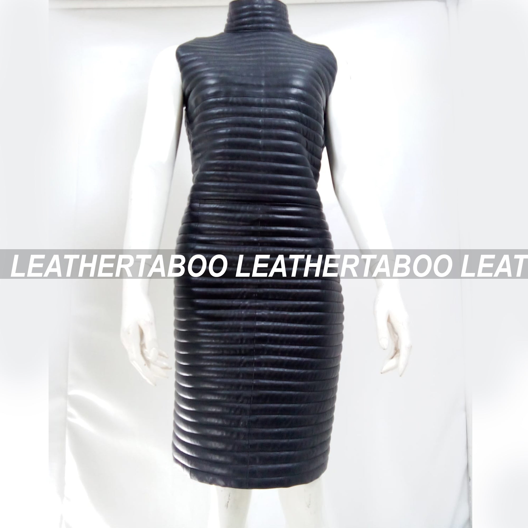 Women's Real Leather Quilted Mini Dress & Jacket Set – Bodycon Sleeveless Dress + Padded Jacket – Handmade Black Leather Outfit