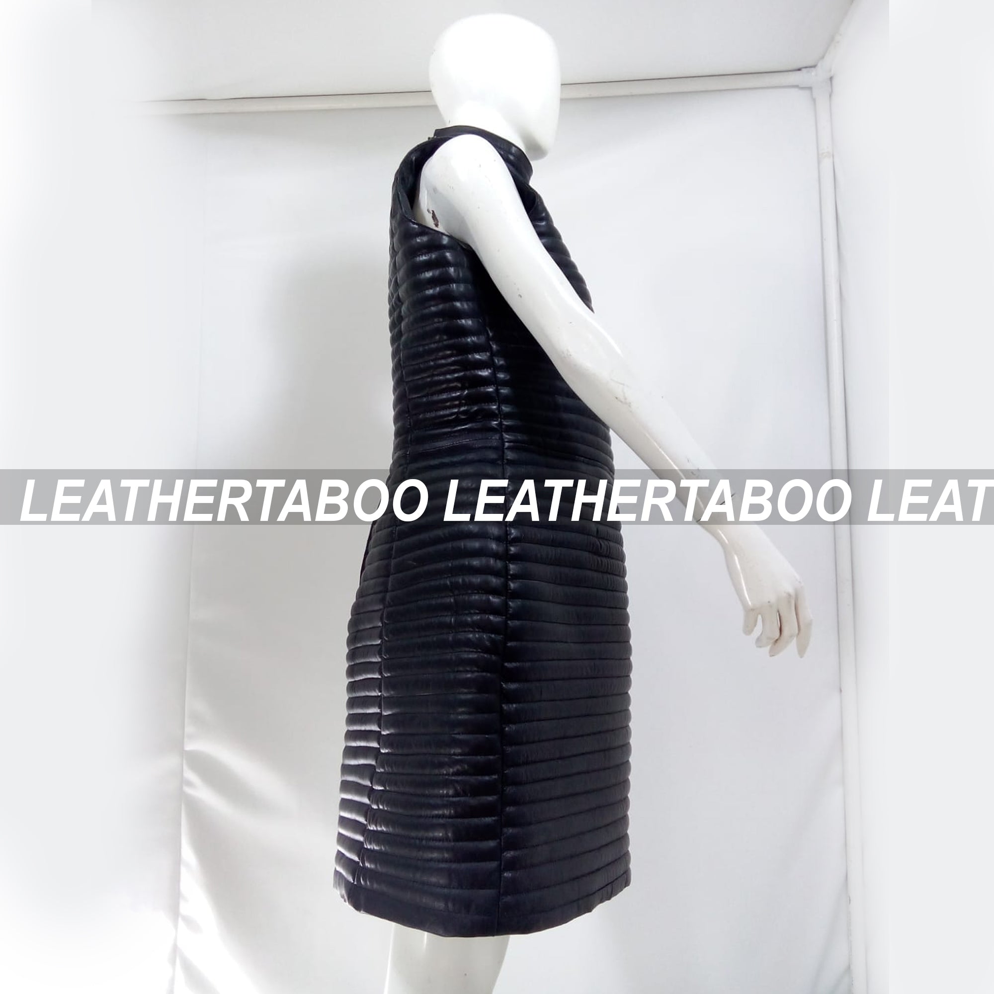 Women's Real Leather Quilted Mini Dress & Jacket Set – Bodycon Sleeveless Dress + Padded Jacket – Handmade Black Leather Outfit