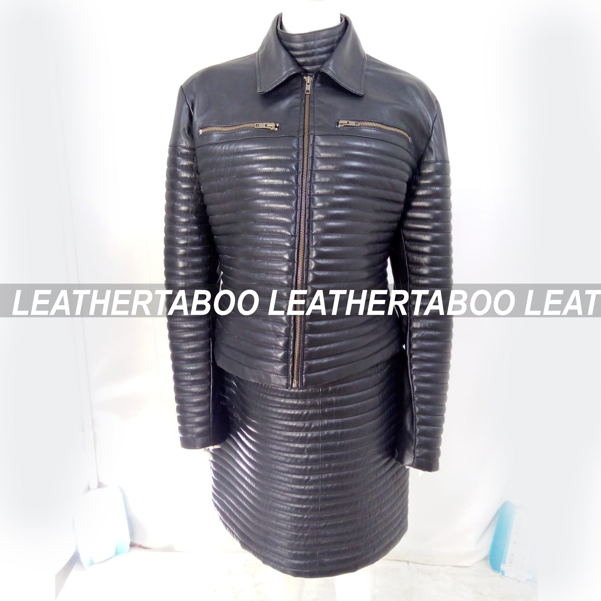 Women's Real Leather Quilted Mini Dress & Jacket Set – Bodycon Sleeveless Dress + Padded Jacket – Handmade Black Leather Outfit