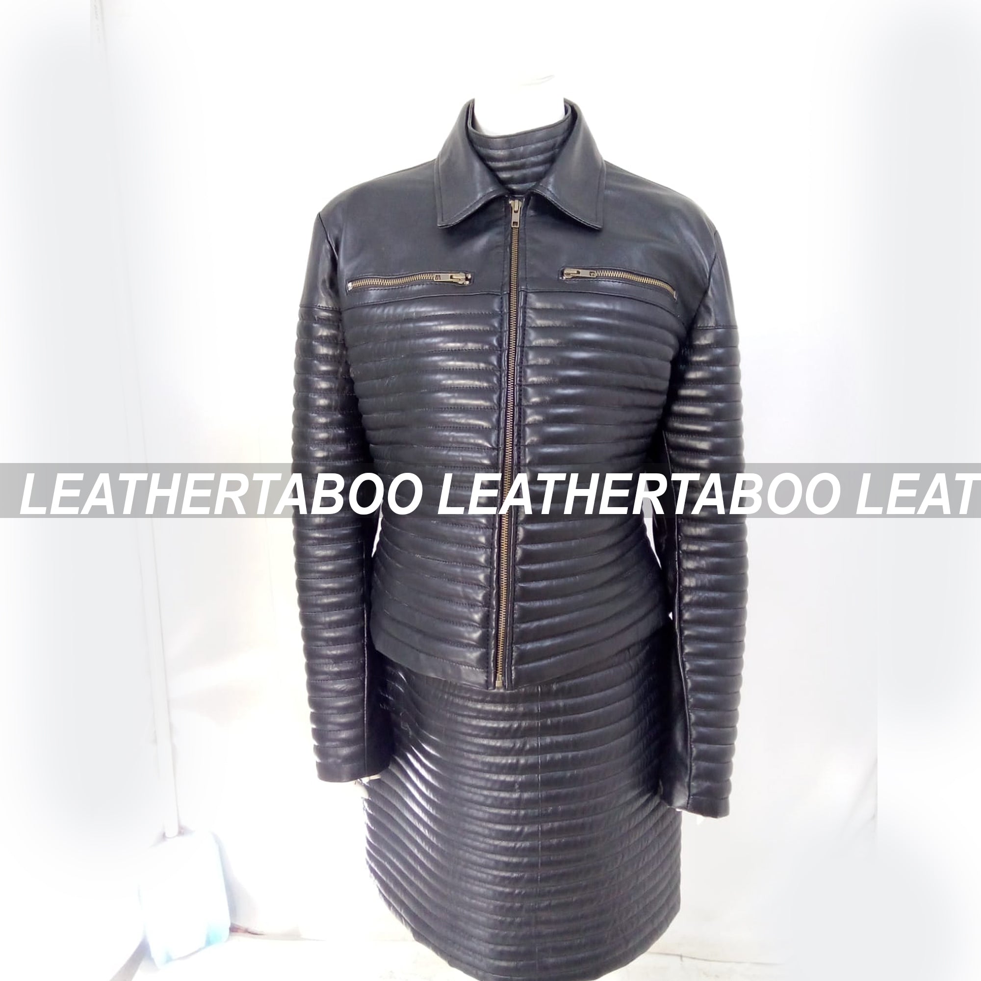 Women's Real Leather Quilted Mini Dress & Jacket Set – Bodycon Sleeveless Dress + Padded Jacket – Handmade Black Leather Outfit