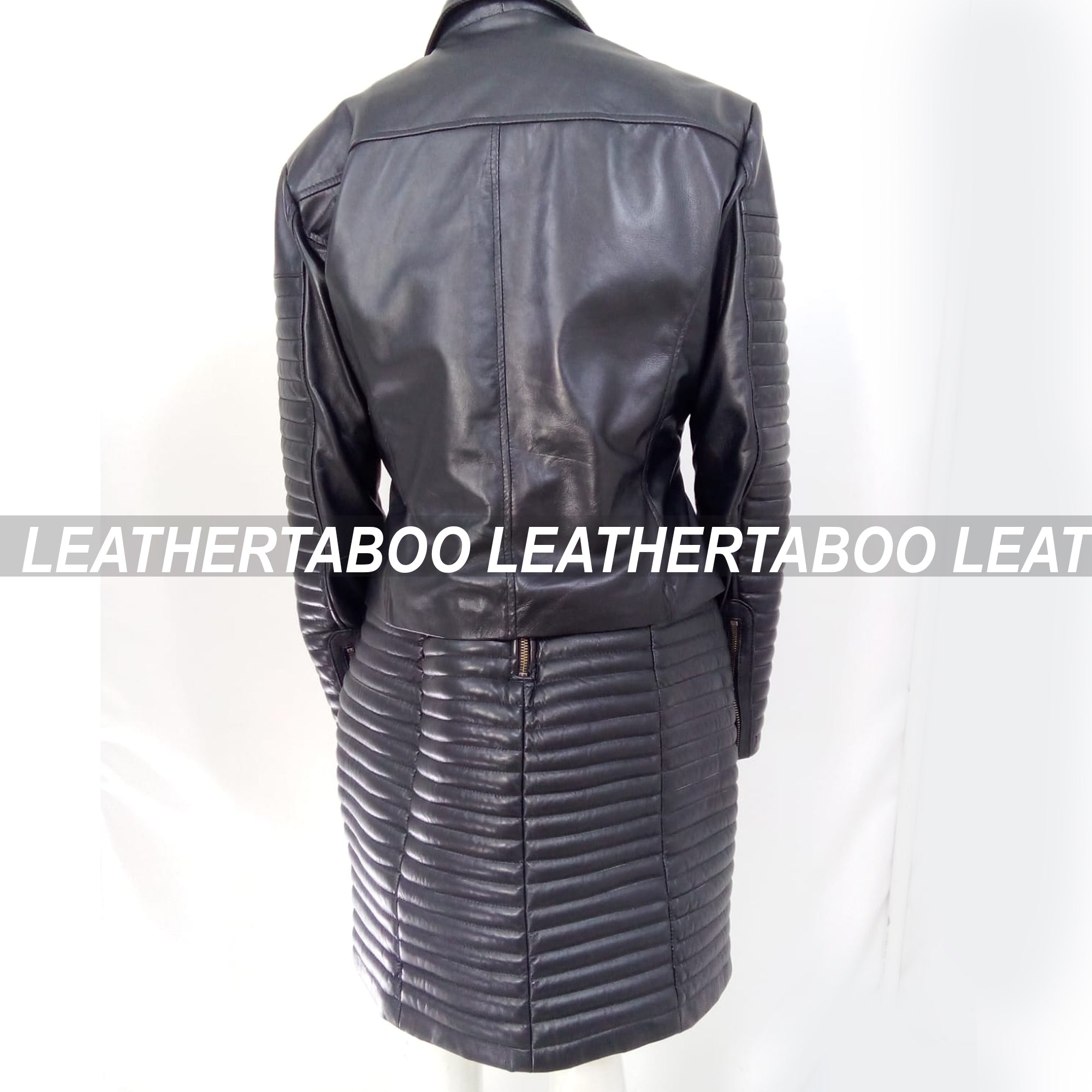 Women's Real Leather Quilted Mini Dress & Jacket Set – Bodycon Sleeveless Dress + Padded Jacket – Handmade Black Leather Outfit