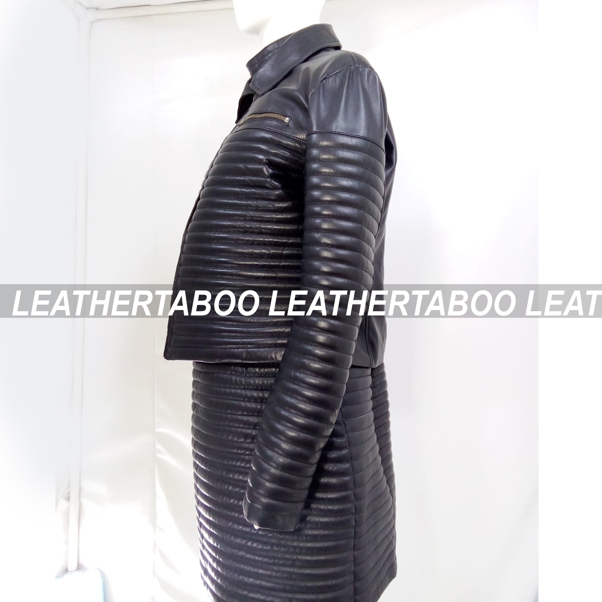 Women's Real Leather Quilted Mini Dress & Jacket Set – Bodycon Sleeveless Dress + Padded Jacket – Handmade Black Leather Outfit