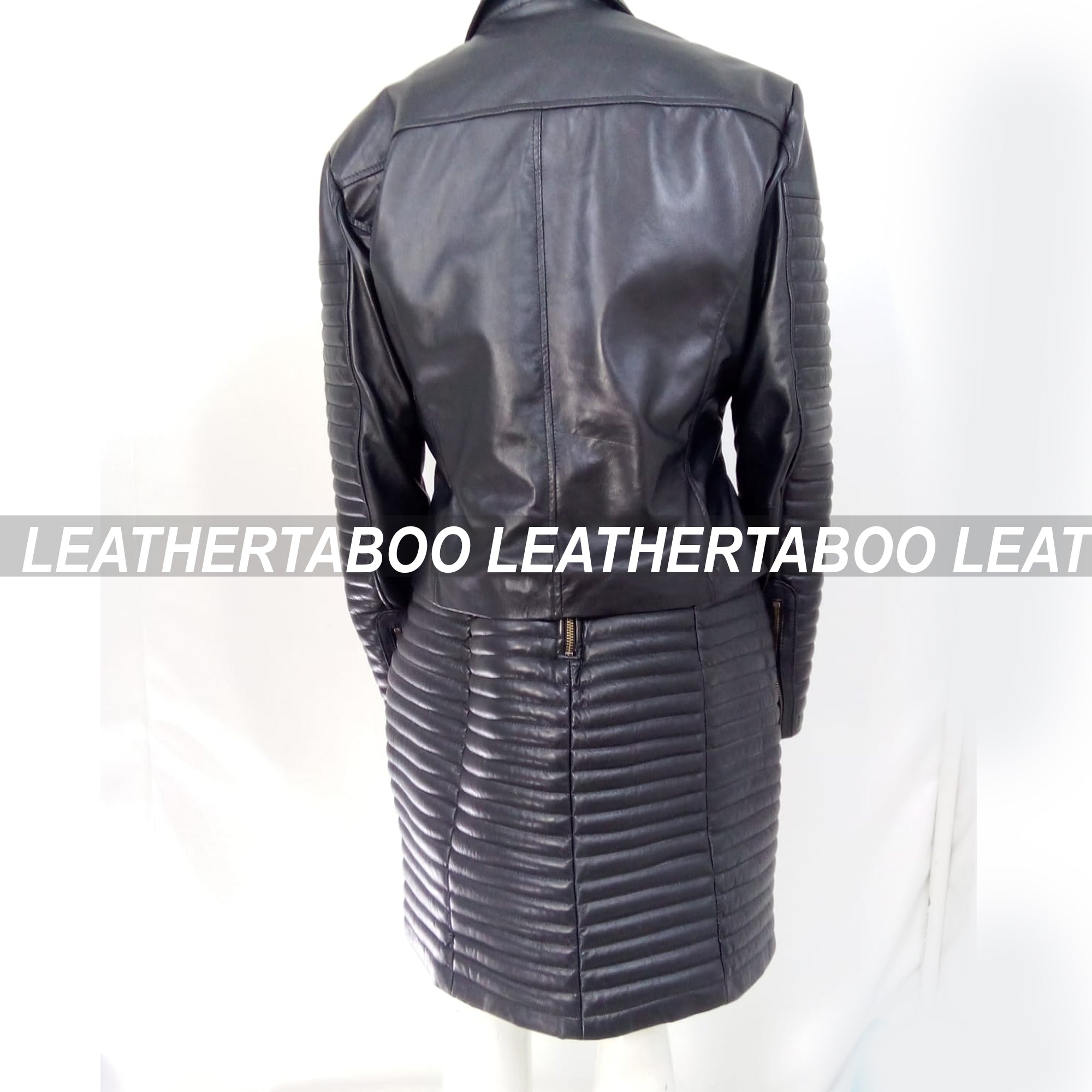 Women's Real Leather Quilted Mini Dress & Jacket Set – Bodycon Sleeveless Dress + Padded Jacket – Handmade Black Leather Outfit
