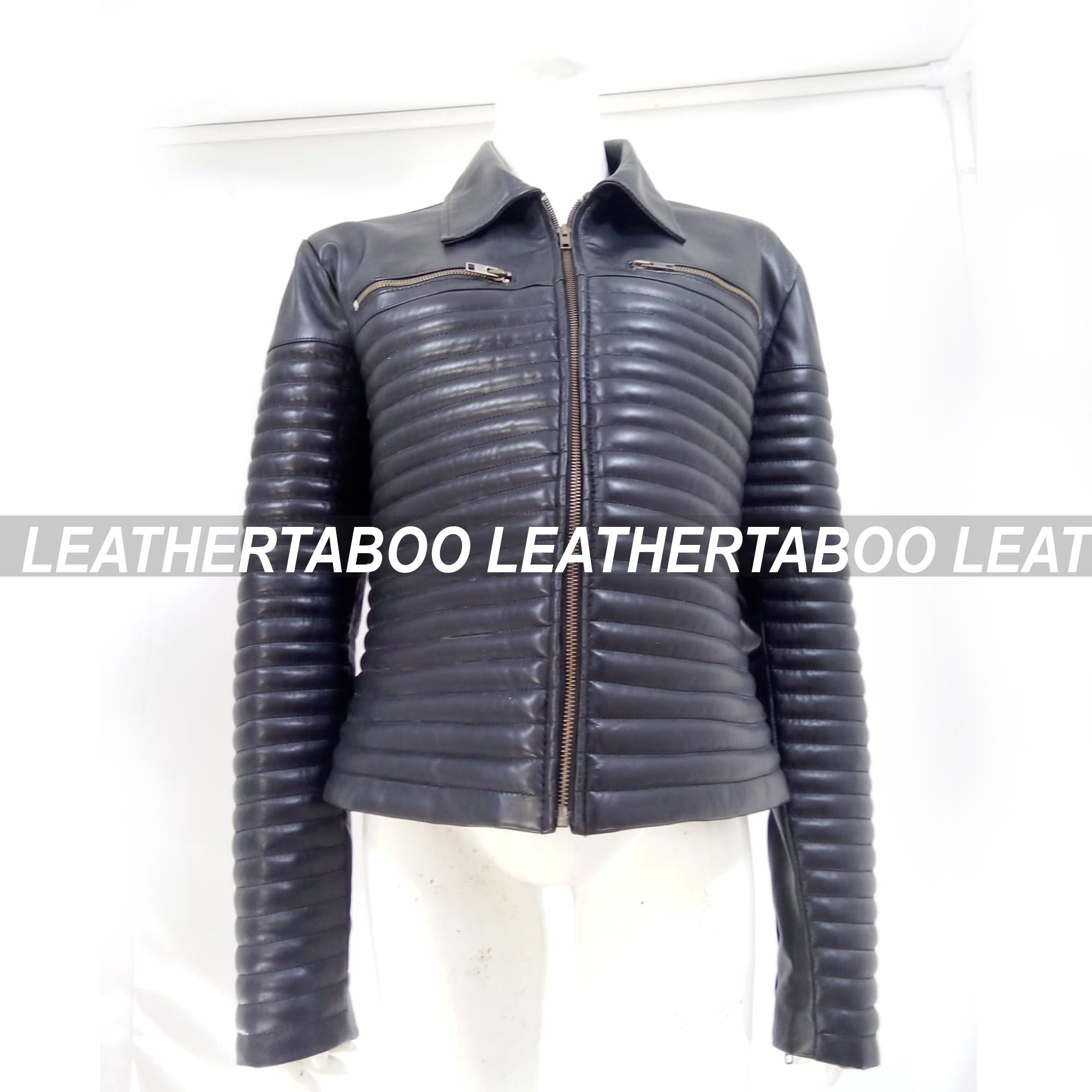 Women's Real Leather Quilted Mini Dress & Jacket Set – Bodycon Sleeveless Dress + Padded Jacket – Handmade Black Leather Outfit