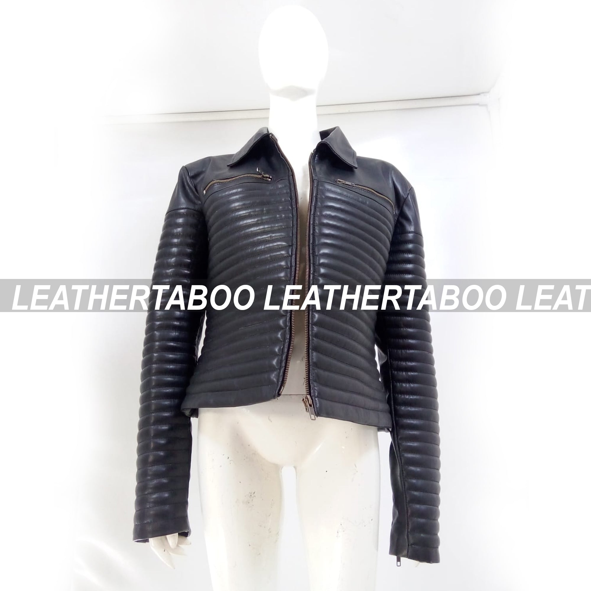 Women's Real Leather Quilted Mini Dress & Jacket Set – Bodycon Sleeveless Dress + Padded Jacket – Handmade Black Leather Outfit