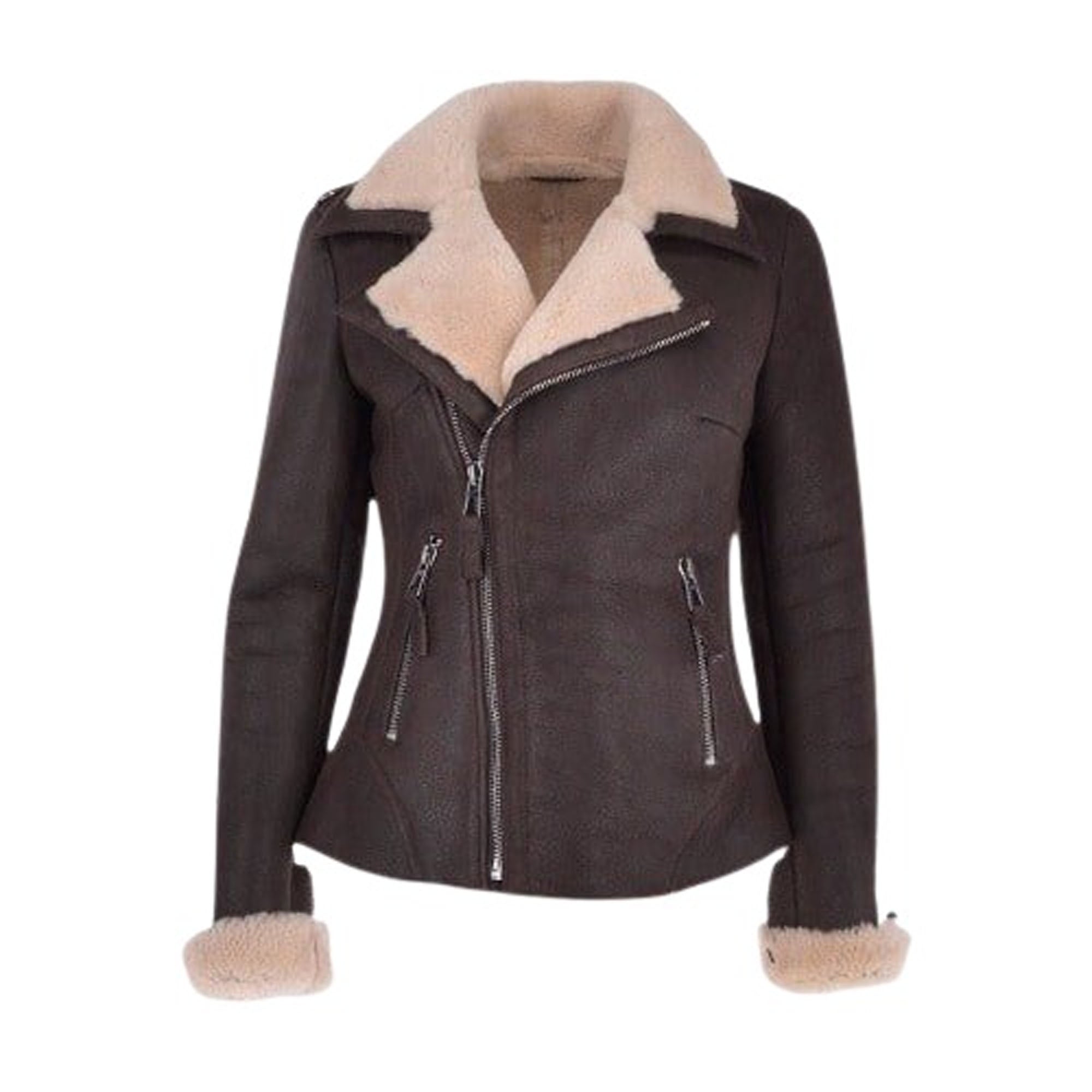 Women's luxury black aviator leather jacket front view pose.