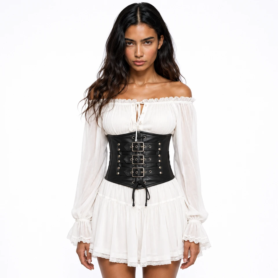 Front view of women's black leather waist corset over a white dress, showing three buckle straps, metal eyelets and central cord lacing.