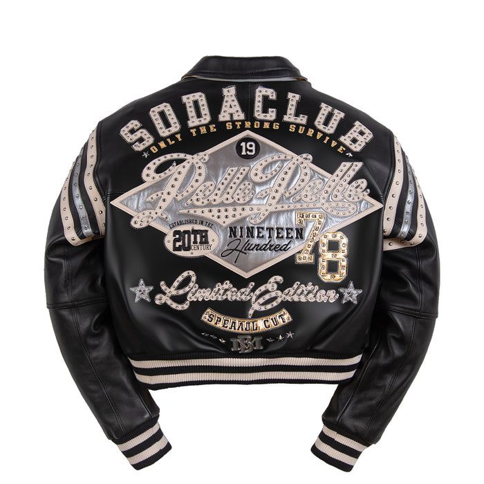 Women's black leather varsity jacket, back view, showing contrasting cream accents and decorative details in the supplied product photograph.