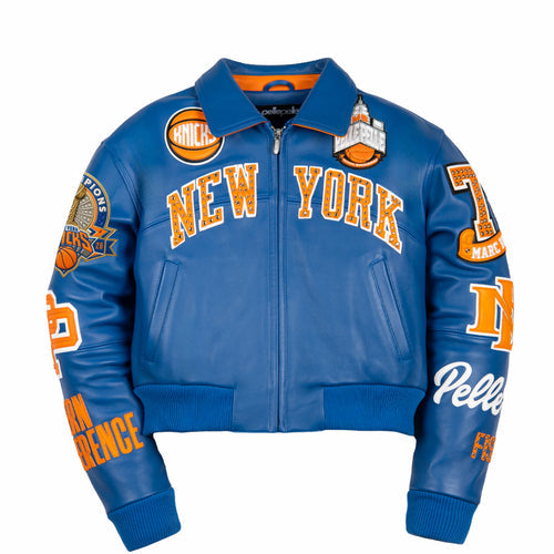 Women's blue and orange leather varsity jacket, front view, showing New York basketball graphics and contrasting decorative details.