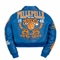 Women's blue and orange leather varsity jacket, back view, showing New York basketball graphics and contrasting decorative details.