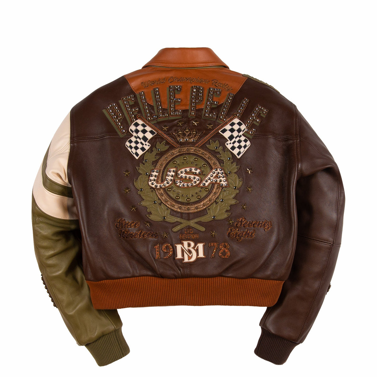 Women's brown colorblock leather racing jacket, back view with racing motifs, with caramel and olive panels and decorative metallic accents.