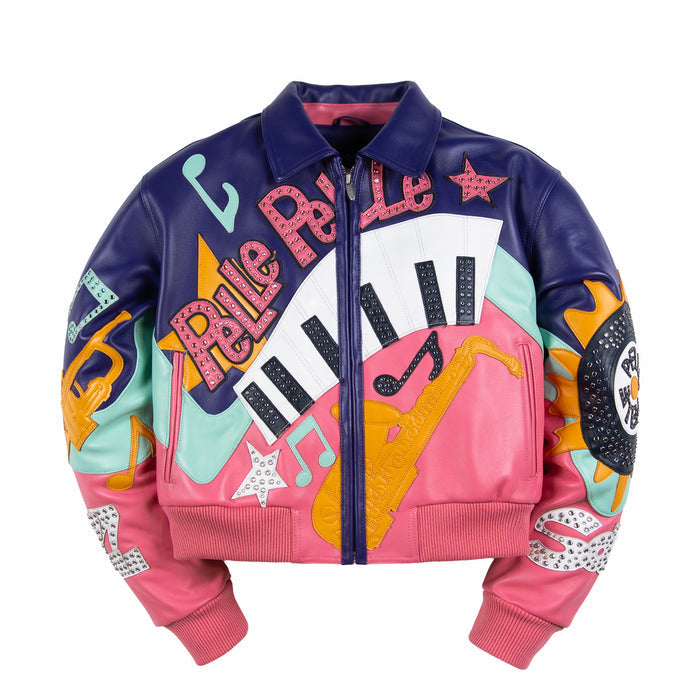 Front view of women's multicolor leather music jacket with purple and pink panels, studded lettering, piano keys and saxophone applique.