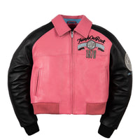 Women's pink and black leather varsity jacket, front view, featuring contrast panels and decorative lettering in the product photo.