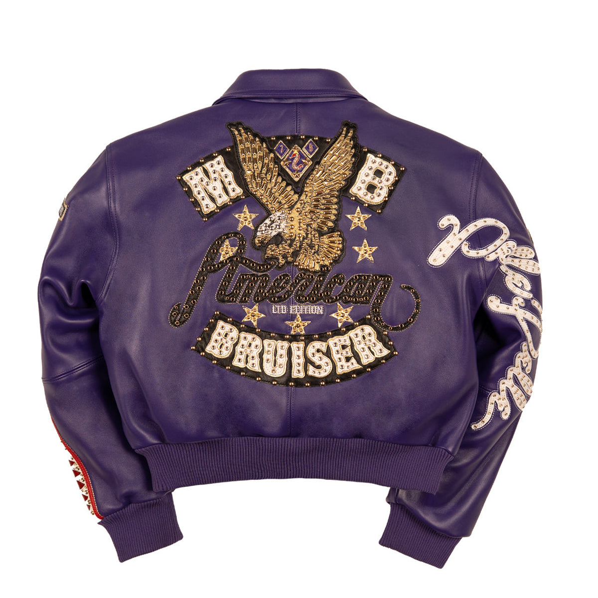 Women's purple leather bomber jacket, back view, with gold-toned embellishments, cream accents, and decorative crest artwork.
