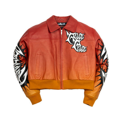 Women's red orange gradient leather bomber jacket, front view, showing contrasting black and white graphics and warm-toned panels.