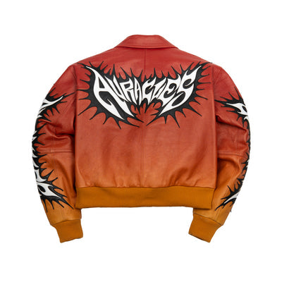 Women's red orange gradient leather bomber jacket, back view, showing contrasting black and white graphics and warm-toned panels.