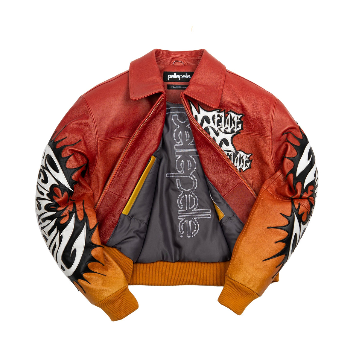 Women's red orange gradient leather bomber jacket, open front and lining, showing contrasting black and white graphics and warm-toned panels.