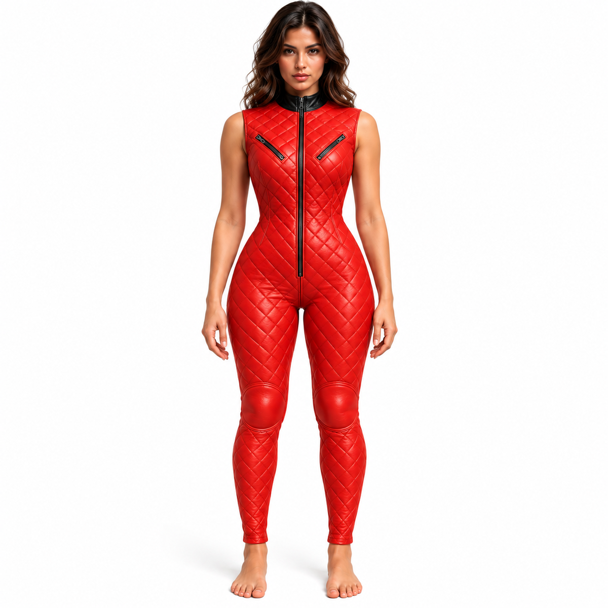 Women’s red quilted leather jumpsuit front view with sleeveless cut, black stand collar, center zipper, angled chest zips and shaped knee panels.
