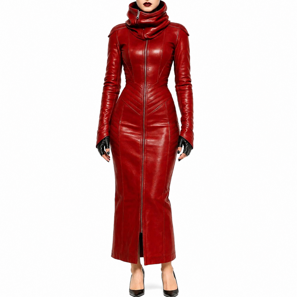 Front view of women's red genuine leather maxi coat with a high cowl collar, long front zipper, fitted waist, shoulder panels and long sleeves.