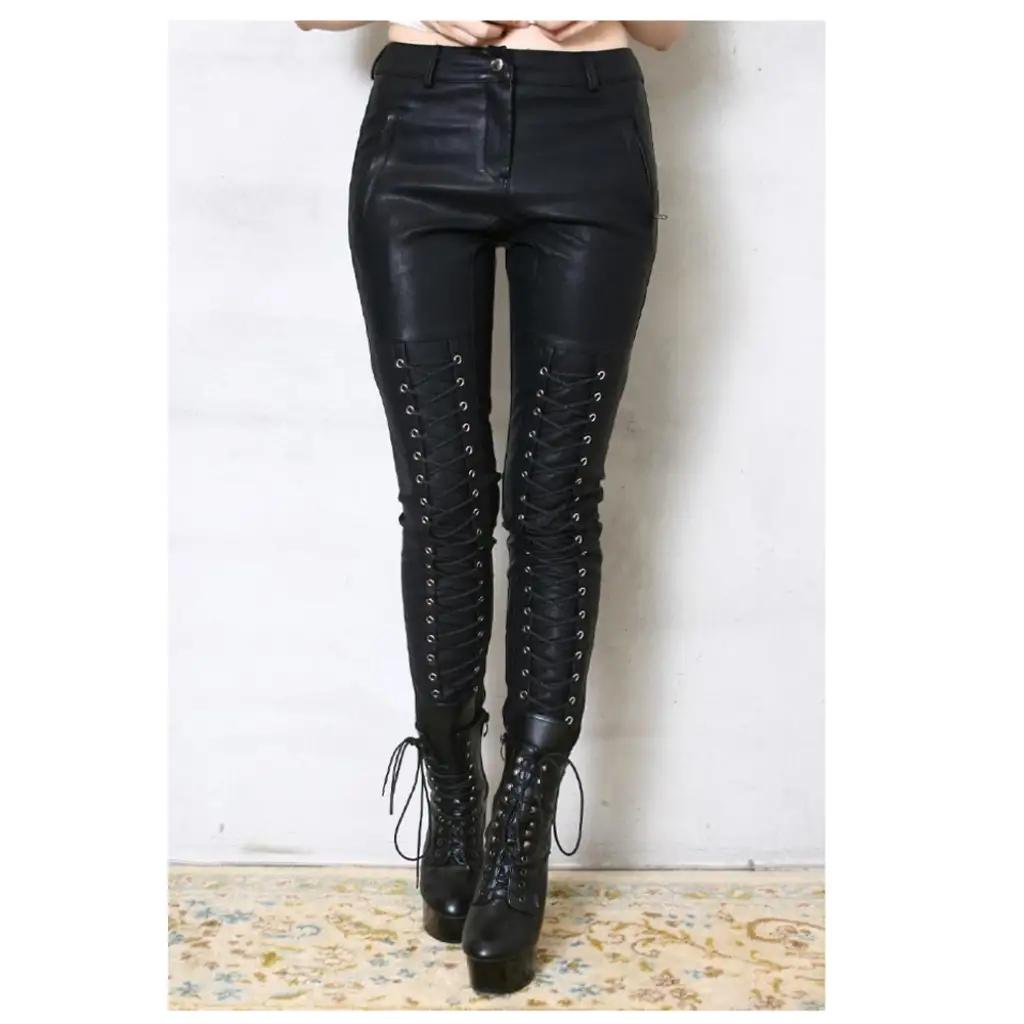 Women’s Black Leather Gothic Biker Pants (Lace-Up Motorcycle Trousers)