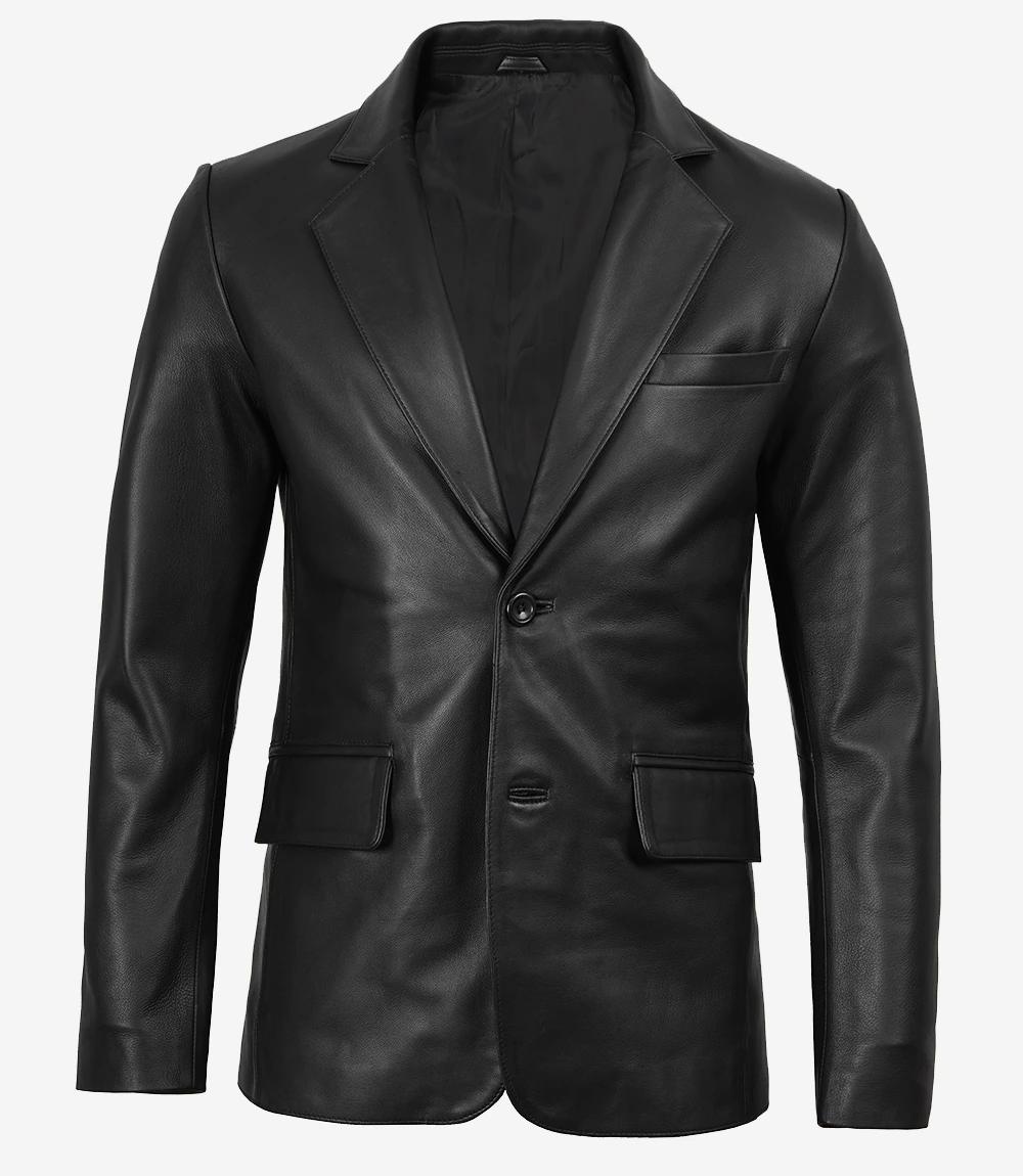 Men's Two Buttons Black Leather Blazer