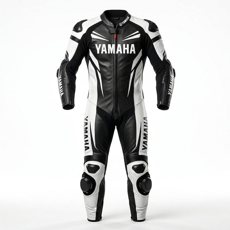 Yamaha one piece leather racing suit in black and white with premium motorcycle protection and racing styling