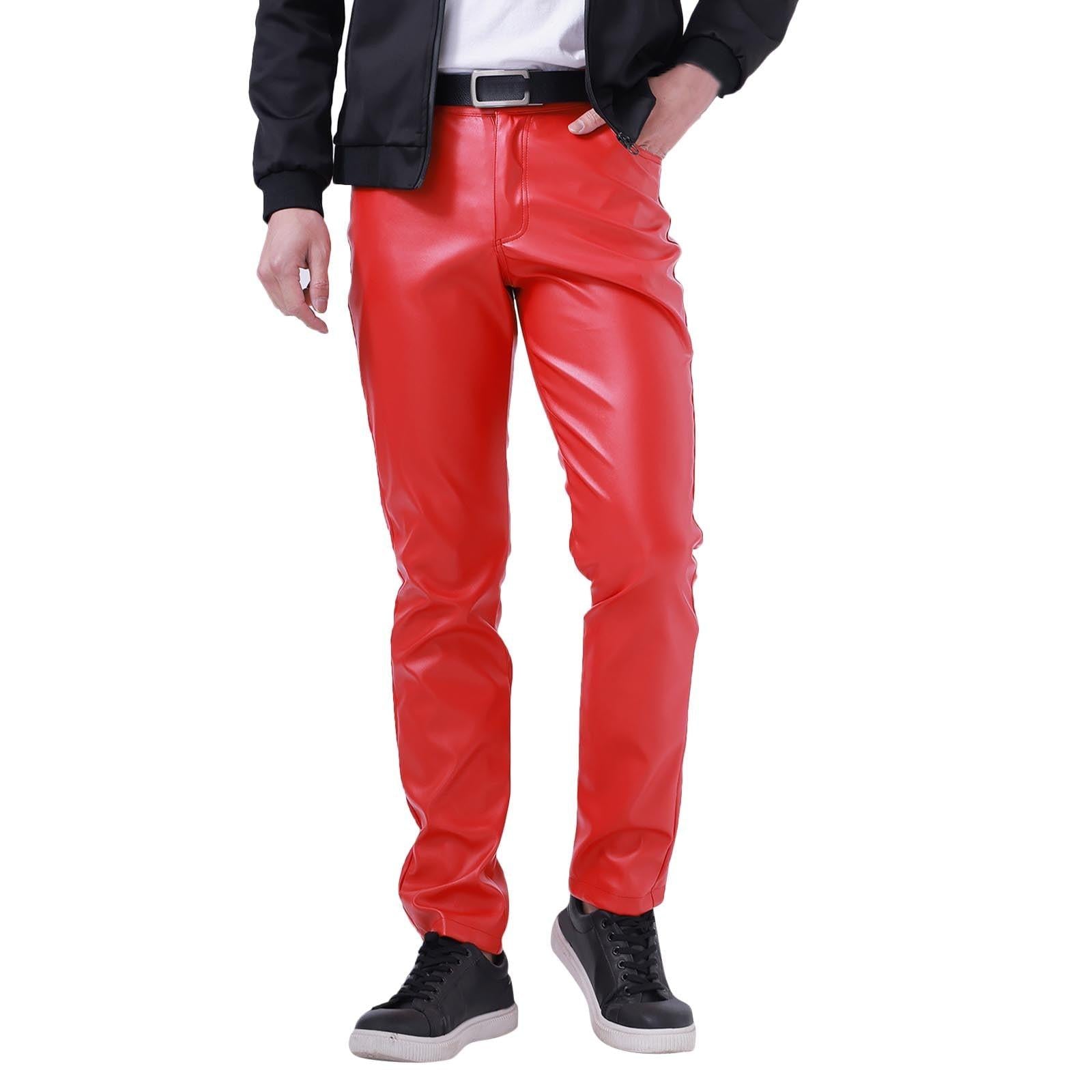 Men’s Real Leather Biker Pants (5-Pocket Jeans Style BLUF Red Gay Trousers)