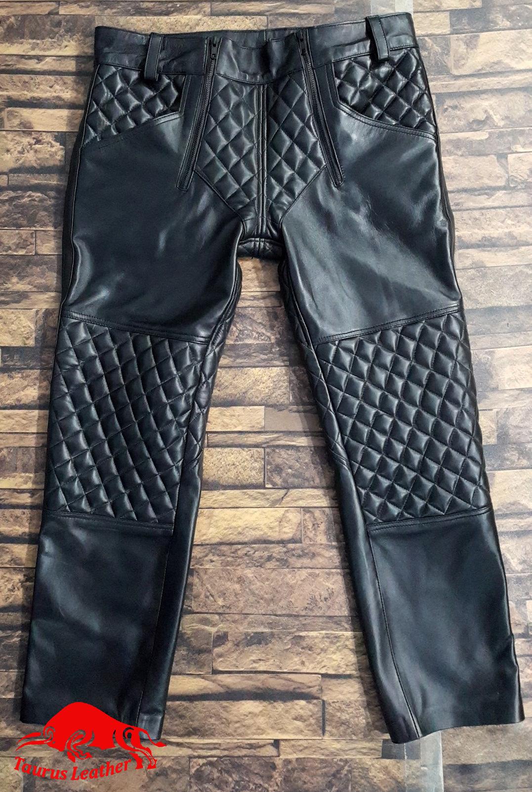 Men’s Real Leather Quilted Biker Pants (Black BLUF Uniform Gay Trousers)