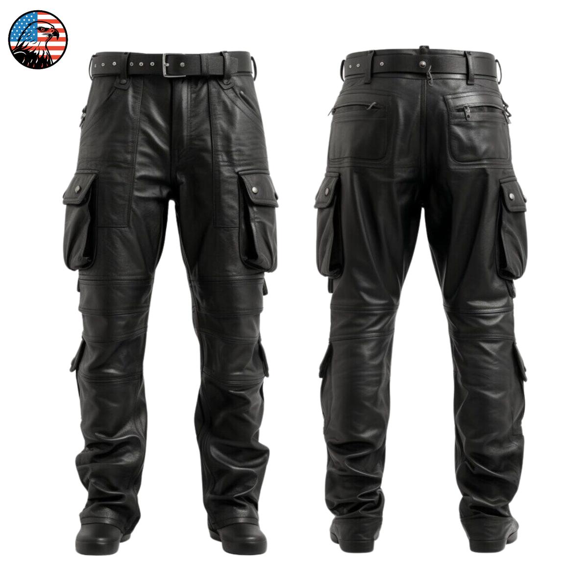 Men’s Real Leather Quilted Cargo Biker Pants (Military Fit Trousers)