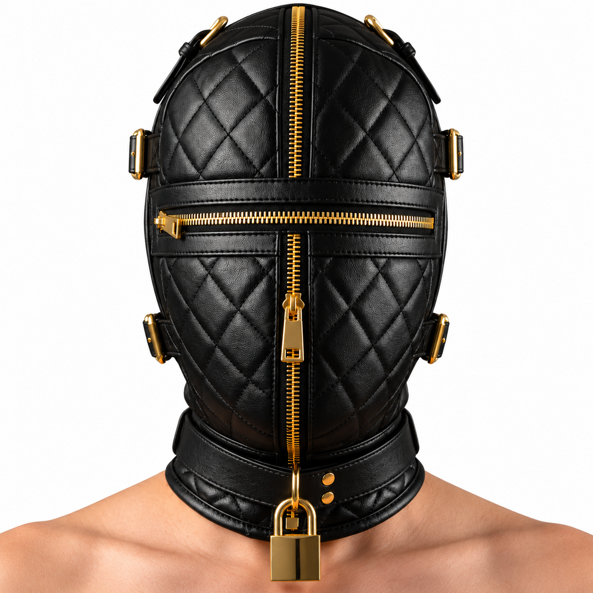 Front view of black diamond quilted leather hood with gold-tone vertical and horizontal zippers, buckle straps and a wide collar.