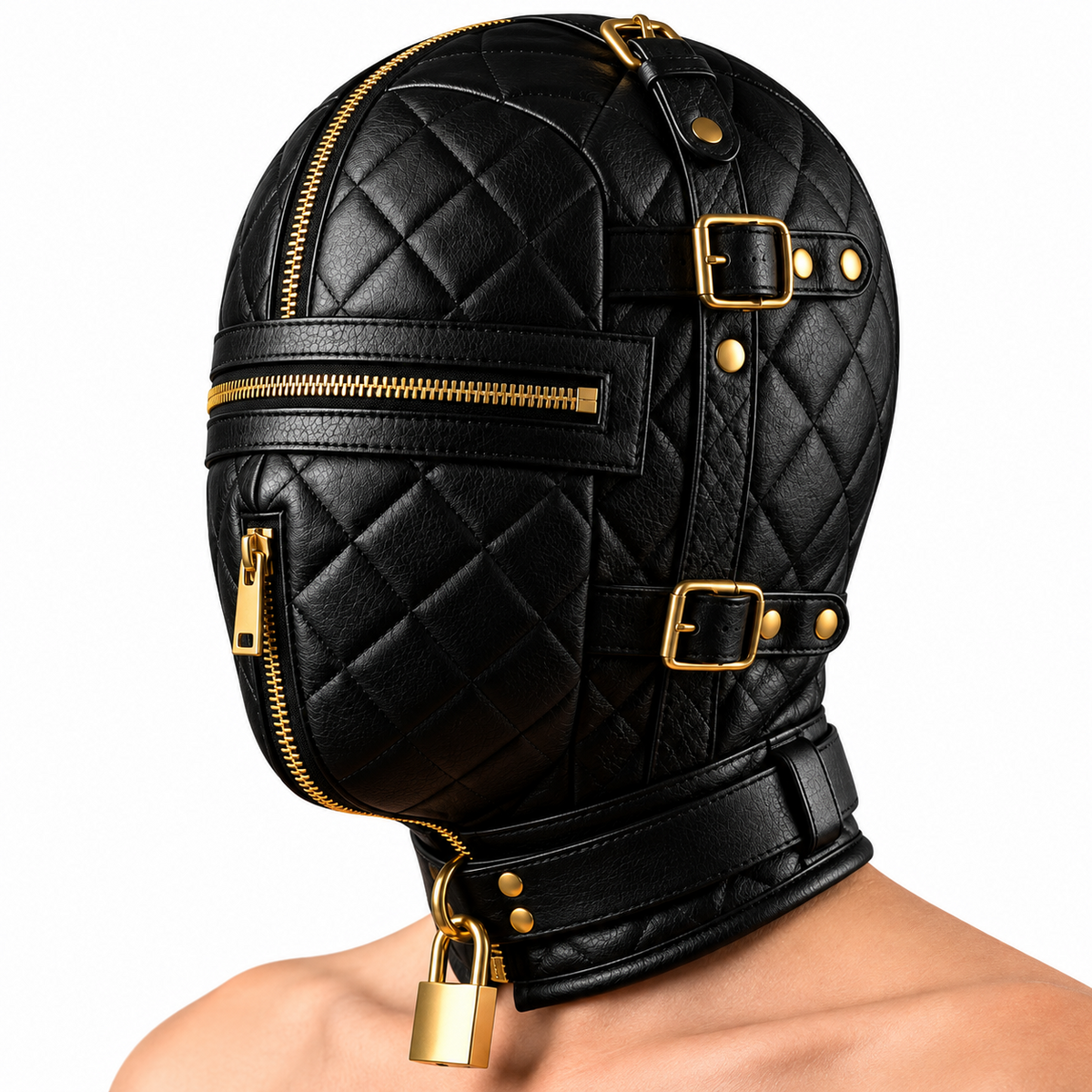 Side view of black diamond quilted leather hood with gold-tone buckles, riveted straps, horizontal face zipper and collar hardware.