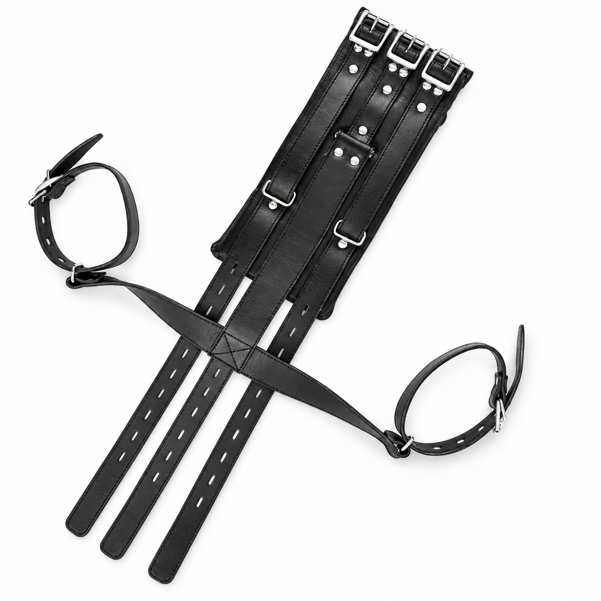 Angled close-up of black genuine leather arm restraint harness with three silver-tone buckles, stitched straps and adjustable upper-arm bands.