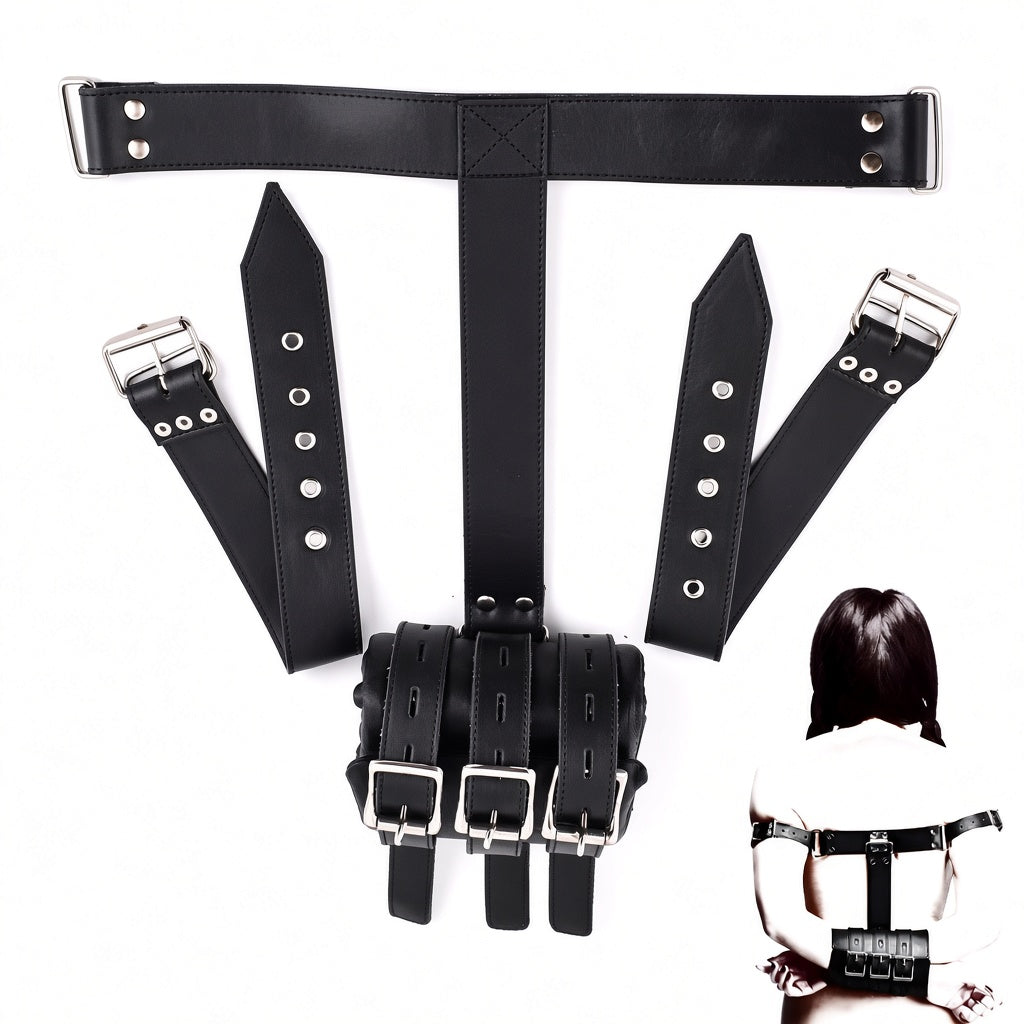 Black genuine leather arm restraint harness laid flat with three buckle straps, adjustable upper-arm bands and silver-tone hardware on white.