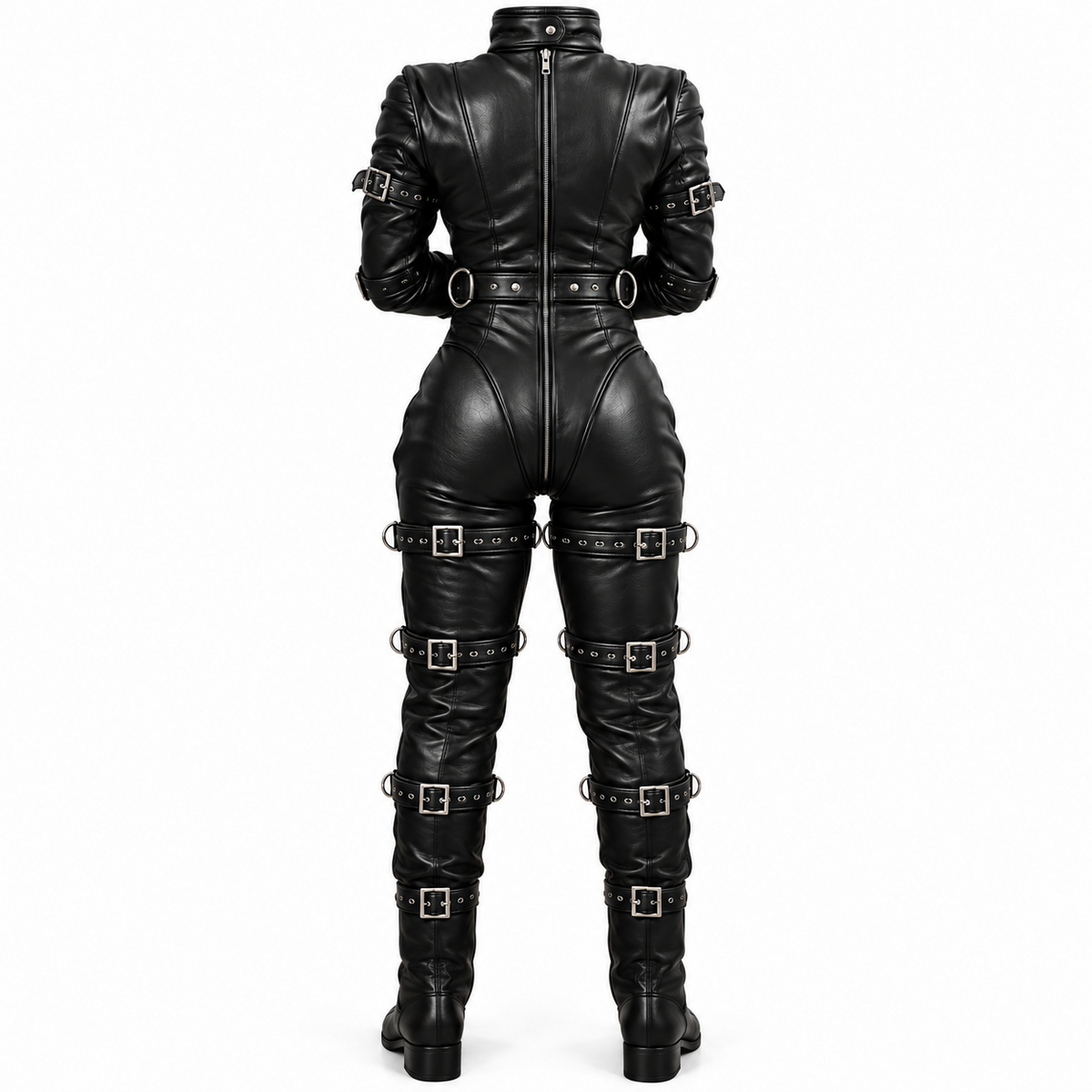 Back view of black genuine leather closed-sleeve catsuit with a long center zipper, shaped seams, waist rings and repeated buckle leg straps.