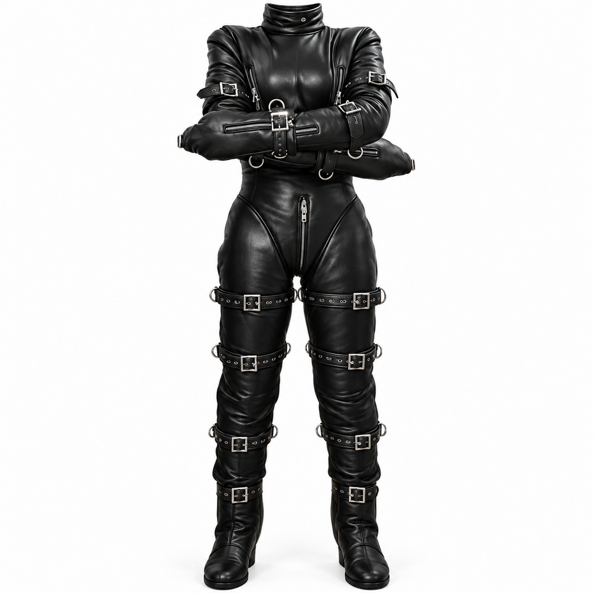 Front view of black genuine leather catsuit with crossed closed sleeves, high snap collar, silver-tone zippers, D-rings and buckle leg straps.