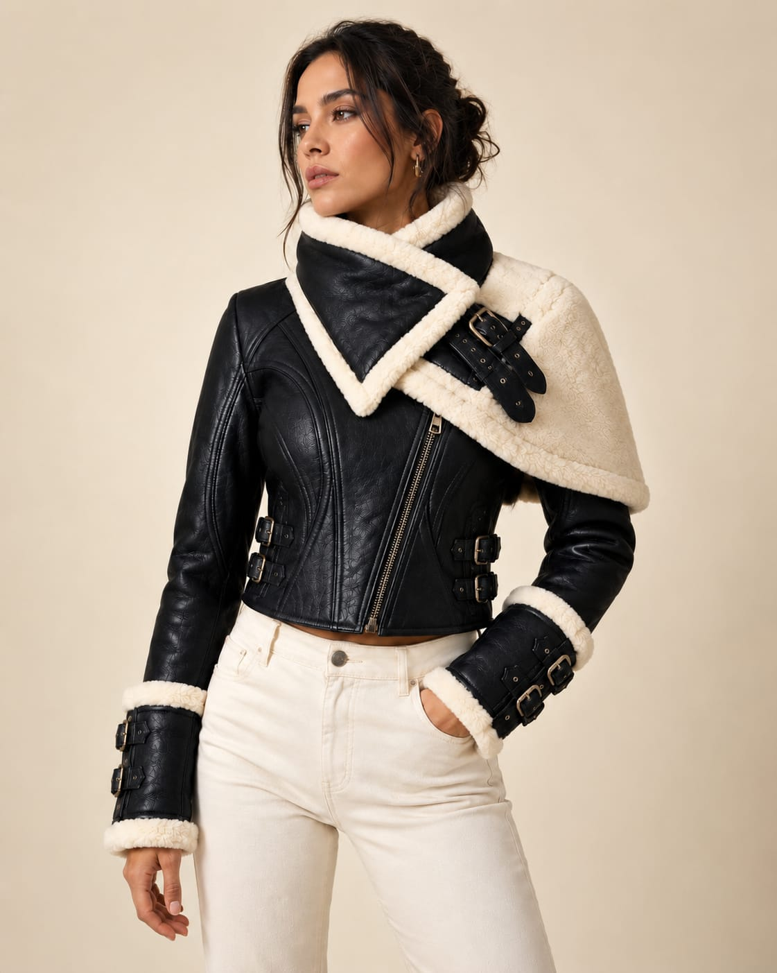 Black leather cropped jacket with cream textured wrap collar, asymmetric front zipper, side buckle straps and matching trimmed cuffs.