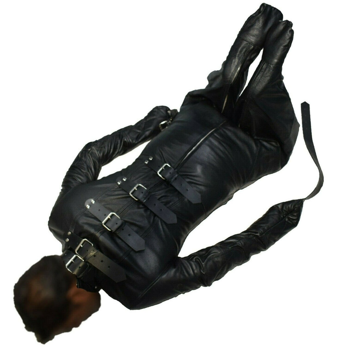 Rear view of black genuine leather suit showing multiple buckle straps, a central zipper, long enclosed sleeves and covered feet.